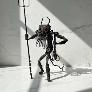 Vintage Hand Forged Iron Devil Sculpture / Mythical Figure Satan Candle Holder / 1950 Blacksmith Art