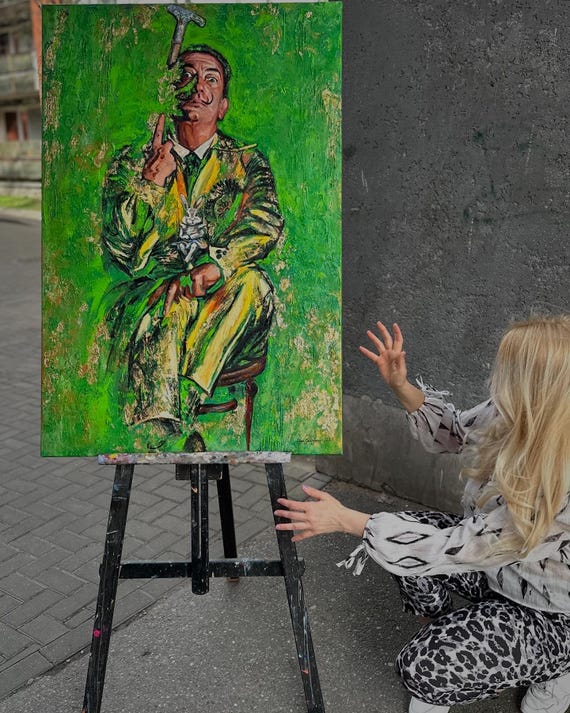 Original Oil Painting “Green Dalí” | 120×80 cm | Textured Canvas with Gold Leaf | Contemporary Figurative Art