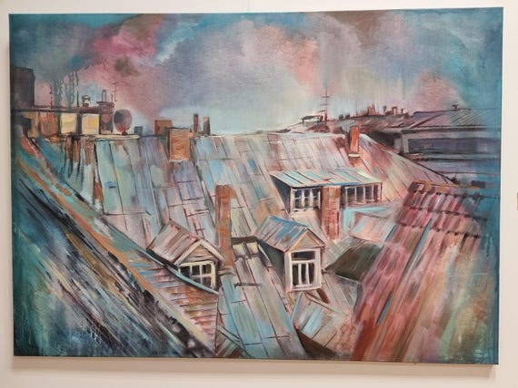 Original Acrylic Painting on Canvas, Riga Old Town Rooftops, Cityscape, Urban Landscape, Hand-Painted Art by Olga Jevsejeva