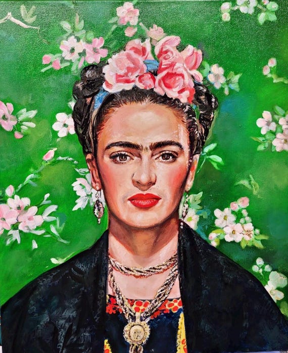 Frida Kahlo Portrait – Original Oil Painting on Canvas – 50×60 cm – Hand-Painted Mexican Art – Floral Wall Decor