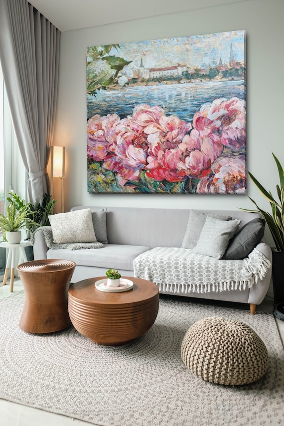 Pink Peony Flower Art River side painting Original Fine art Oil canvas wall art Large City Landscape Modern Home Decor by Olga Jevsejeva