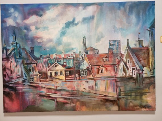 Original Acrylic Painting on Canvas, Riga Old Town Rooftops – View to Presidential Palace, Cityscape, Urban Landscape, Art by Olga Jevsejeva