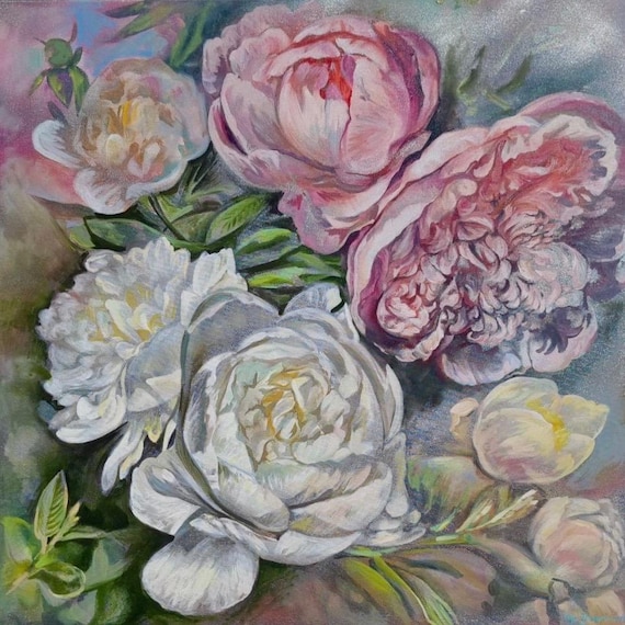 Peony Power – Original Textured Floral Oil Painting with Silver Accents / Modern Home Decor by Olga Jevsejeva