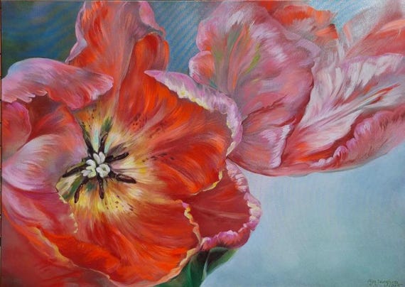Tulip Radiance / Floral Oil Painting with Silver Accents / Modern Art by Olga Jevsejeva