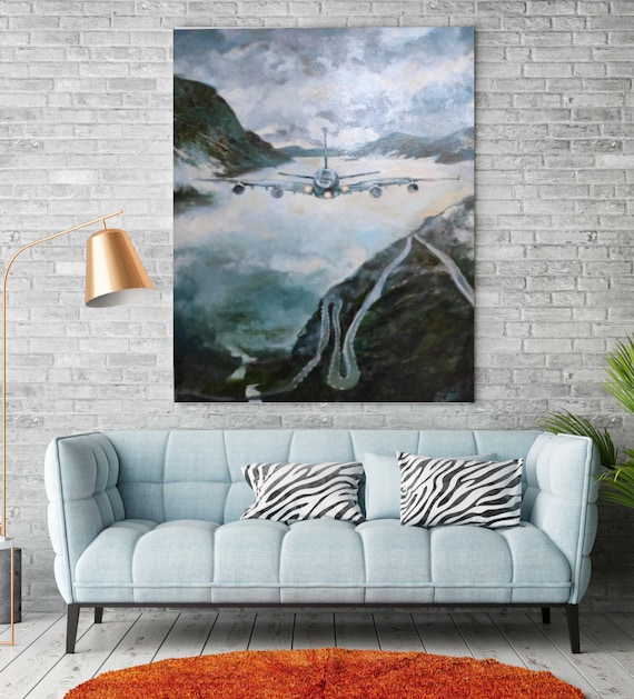Flying Airplane Mountains Sky Landscape Original Fine art large oil painting by Olga Jevsejeva canvas wall art