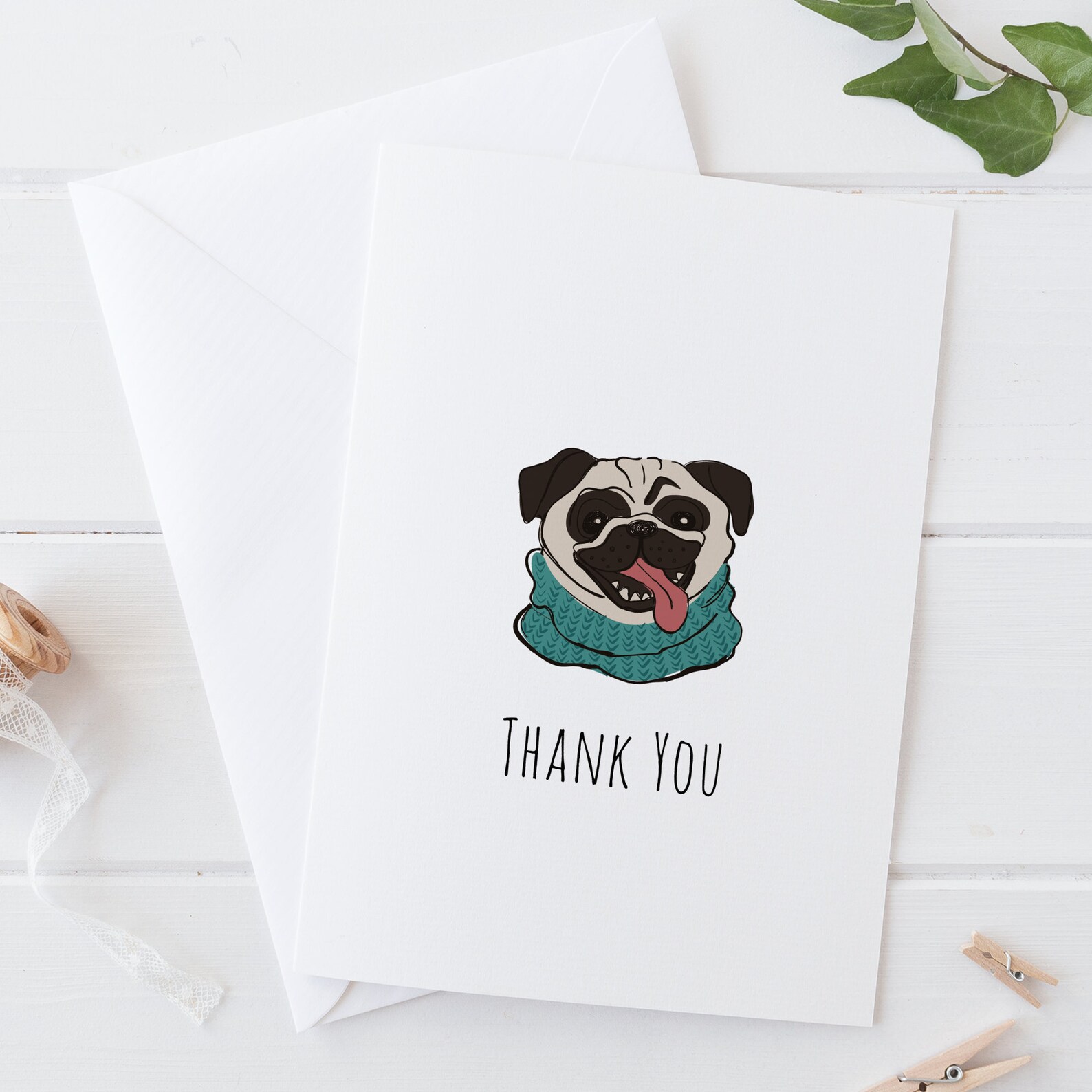 Thank You Cute Pug Dog Card Thank You Card With Pug Wearing A Etsy