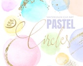 Pastel irregular Circles, hand painted Watercolor Clipart plus decorative golden graphics. Set of 22 clip art PNG files, digital download