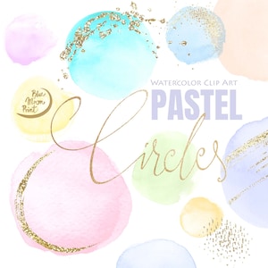 Pastel onregelmatige cirkels, met de hand geschilderd Aquarel Clipart plus decoratieve gouden graphics. Set van 22 clip art PNG-bestanden, digitale download