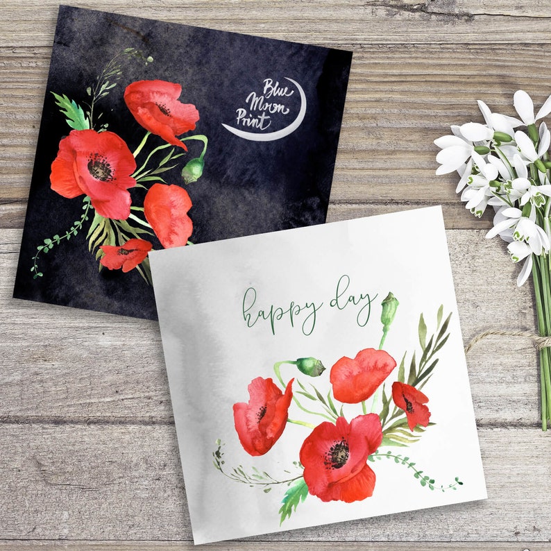 Watercolor Poppy Flower Clipart, floral illustrations, spring red poppies. Set of PNG clip art files, digital download image 6