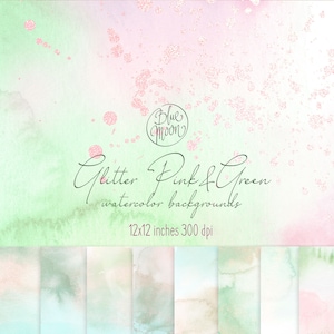 Grün Rosa Aquarell Hintergründe, dekorative Glitzer Texturen und mehrere Clipart. Set von JPEG und PNG Clip Art Dateien, digitaler Download