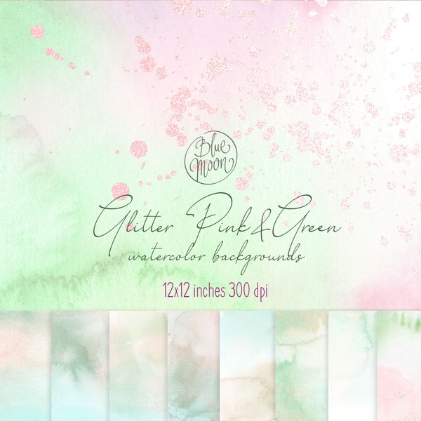 Green Pink Watercolor Backgrounds, decorative Glitter textures and several clipart. Set of JPEG and PNG clip art files, digital download