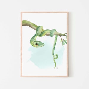 Arte de pared imprimible de la serpiente de la acuarela, ilustración de los niños, animal salvaje de la selva. Impresión de arte para descarga digital