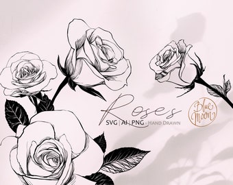 Rose Flower, hand drawn floral illustrations. Set of svg, ai and png clipart files, digital download