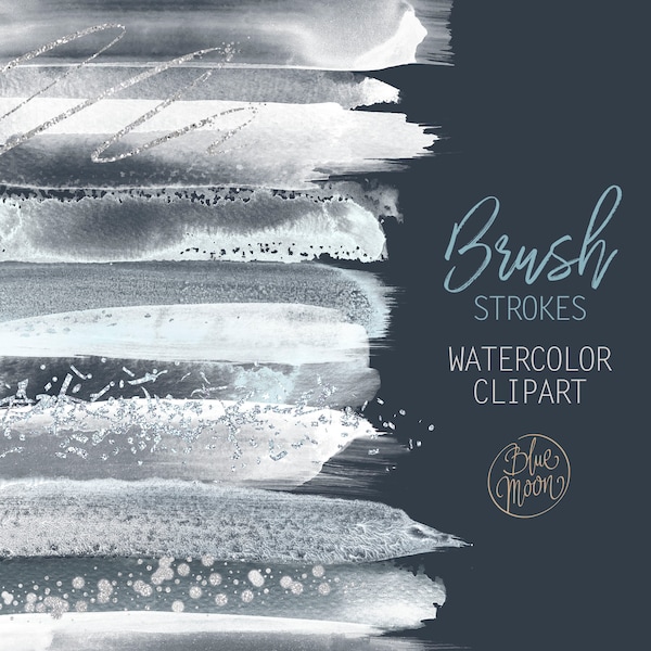 White Snow watercolor brush strokes clipart. Set of 25 PNG clip art files, digital download