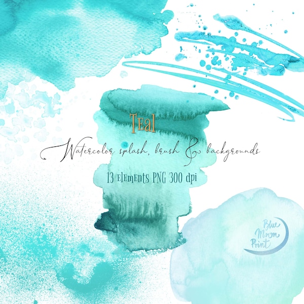 Teal watercolor splashes and brush strokes, sea green textures and backgrounds. Set of PNG files, digital download