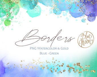 Set of Watercolor Blue Green Borders and gold decorative graphics. 12 HQ PNG files. Digital download