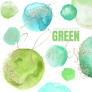 Groene onregelmatige cirkels, handgeschilderde aquarel Clipart plus decoratieve gouden afbeeldingen. Set van 22 illustraties PNG-bestanden, digitale download