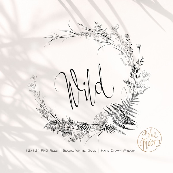 Wild Fern Wreath, decorative graphics, black, gold and white, 12x12''. HQ PNG files, digital download