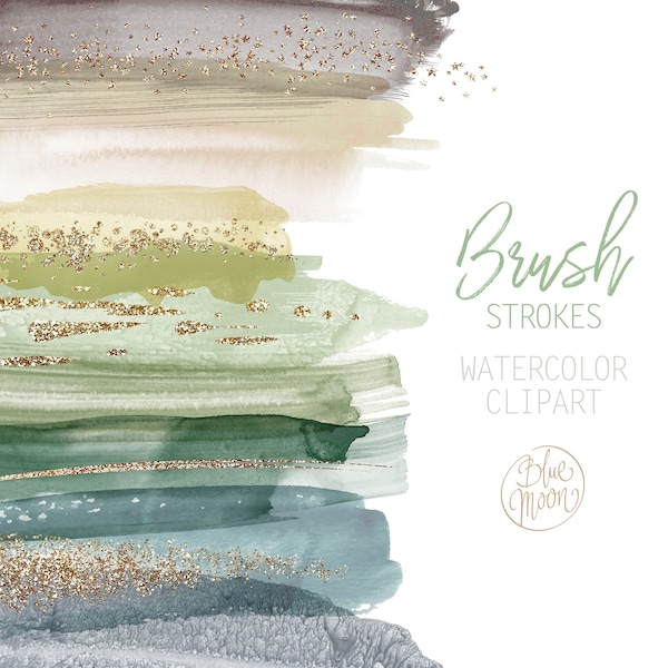 Watercolor brush strokes clipart in nature colors. Set of 25 PNG clip art files, digital download