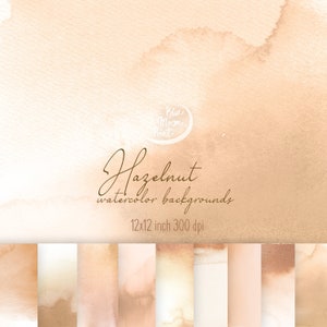Haselnuss Aquarell Hintergründe, dekorative Texturen 12 x 12" plus mehrere Clipart. Satz von JPEG & PNG ClipArt-Dateien, digitaler Download