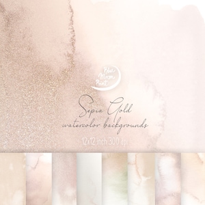Sepia Beige Aquarell Hintergründe, elegante Texturen 12x12" plus mehrere Clipart. SET JPEG & PNG Clip Art Dateien, digitaler Download