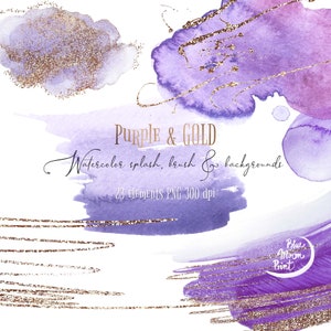 Lila und Gold Aquarell Spritzer und Pinselstriche Clipart, abstrakte dekorative Texturen. Set aus 23 PNG-Dateien, printable digitaler Download