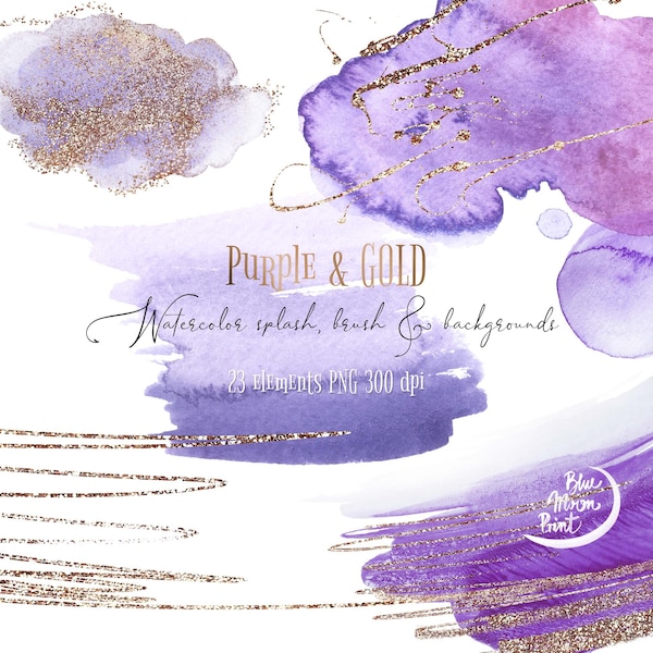 Purple and gold watercolor splash and brush stroke clipart, abstract decorative textures. Set of 23 PNG files, printable digital download
