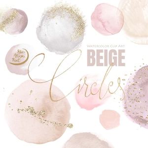 Cercles irréguliers beiges, clipart aquarelle peint à la main plus des graphiques décoratifs dorés. Ensemble de 22 fichiers PNG d’images clipart, téléchargement numérique