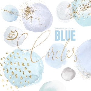 Círculos irregulares de color azul claro, imágenes prediseñadas de acuarela pintada a mano y gráficos decorativos dorados. Conjunto de 22 archivos PNG imágenes prediseñadas, descarga digital
