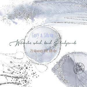 Grigio con clipart splash ad acquerello argento, trame decorative. Set di 24 file PNG, download digitale