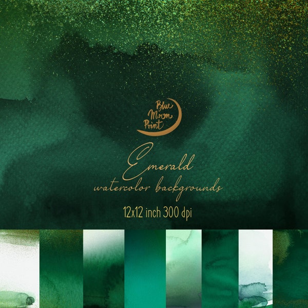 Emerald watercolor backgrounds, elegant bottle green textures and several clipart. Set of JPEG & PNG clip art files, digital download