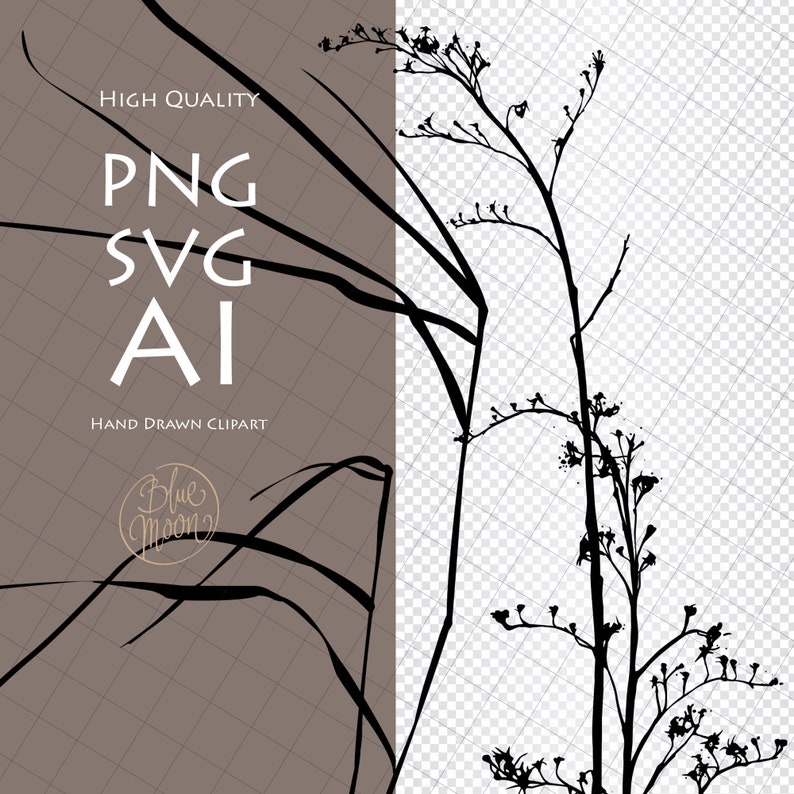 May include: Black and white silhouette of two different types of plants. The plants are drawn in a simple, minimalist style. The text "HIGH QUALITY PNG SVG AI HAND DRAWN CLIPART Blue Moon" is visible in the image.