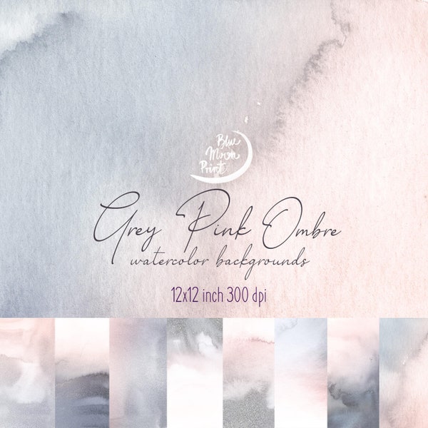 Gray pink ombre watercolor backgrounds, decorative textures 12x12" and several clipart. Set of JPEG & PNG clip art files, digital download