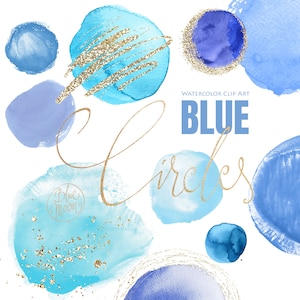 Círculos irregulares azules, imágenes prediseñadas de acuarela pintadas a mano, además de gráficos dorados decorativos. Conjunto de 22 archivos PNG de clip art, descarga digital