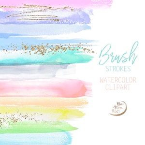 Pastel watercolor brush strokes clipart. Set of 25 PNG clip art files, digital download