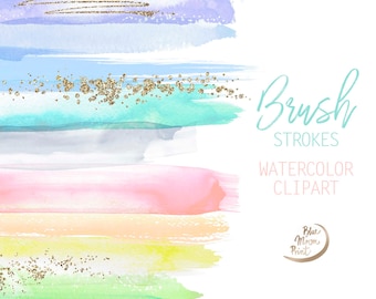 Pastel watercolor brush strokes clipart. Set of 25 PNG clip art files, digital download