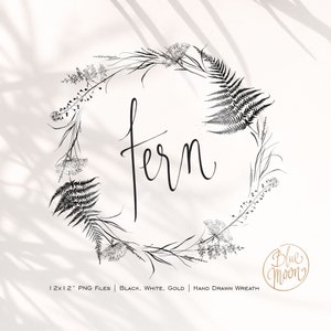 Couronne de fougères, graphisme floral décoratif, noir, or et blanc, 12x12''. Fichiers HQ PNG, téléchargement numérique