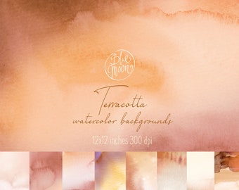 Terracotta Watercolor Backgrounds, decorative textures and several clipart. Set of JPEG and PNG graphic files, digital download