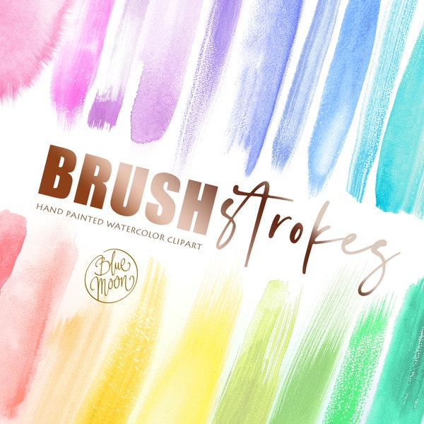 Rainbow watercolor brush strokes clipart, vivid pastel full colors. Set of 30 PNG clip art files, digital download