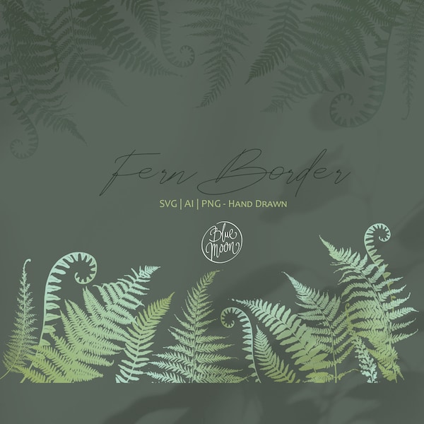 Fern Border, hand drawn floral graphics. Set of svg, ai and png clipart files, digital download