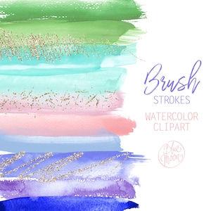 Clipart de coups de pinceau aquarelle bleu vert lilas. Lot de 25 fichiers graphiques PNG, téléchargement numérique