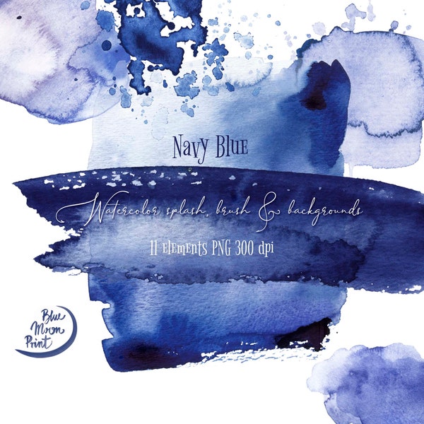 Navy blue watercolor splashes and brush strokes clipart, textures and backgrounds. Set of PNG files, digital download