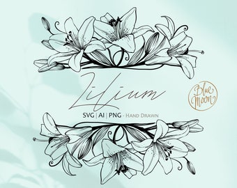 Lily Flower, cadre graphique floral décoratif. Fichiers clipart Svg, ai et png, téléchargement numérique