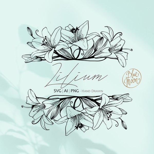 Lily Flower, decorative floral graphic frame. Svg, ai and png clipart files, digital download