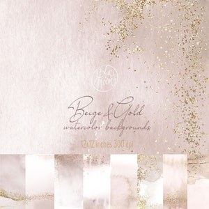 Beige mit Gold Aquarell Hintergrund, elegante Texturen 12x12" plus mehrere Clipart. SET JPEG & PNG Clip Art Dateien, digitaler Download