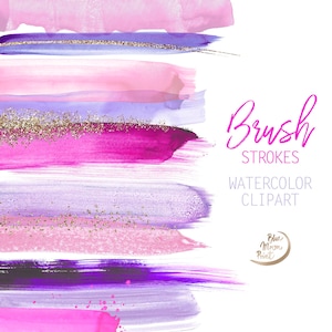 Clipart de pinceladas de aquarela rosa roxo lavanda. Conjunto de 25 arquivos de clipart PNG, download digital