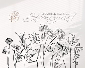 Blooming Wild Flowers, hand drawn floral graphics. Set of svg, ai and png clipart files, digital download