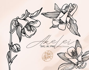 Akelei Flower, hand drawn floral illustrations. Set of svg, ai and png clipart files, digital download