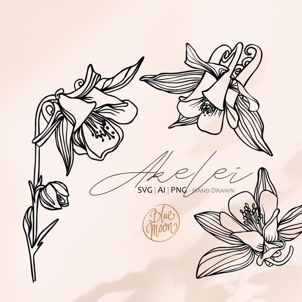 Akelei Flower, hand drawn floral illustrations. Set of svg, ai and png clipart files, digital download