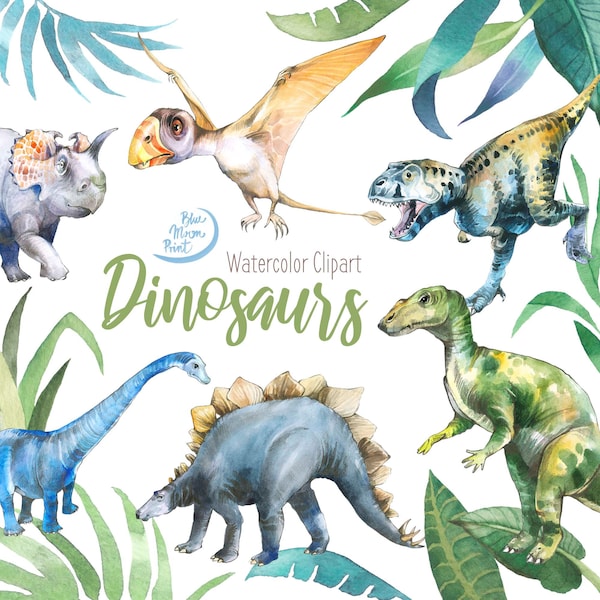 Watercolor Dinosaurs clipart, hand painted illustrations. Set of png graphic files, digital download